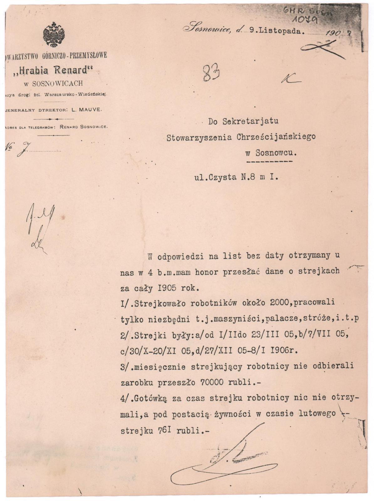 Dane Zarządu «Gwarectwa Hr. Renard» o strajkach w kopalni w Sielcu w 1905 Roku. 9 listopada 1905.