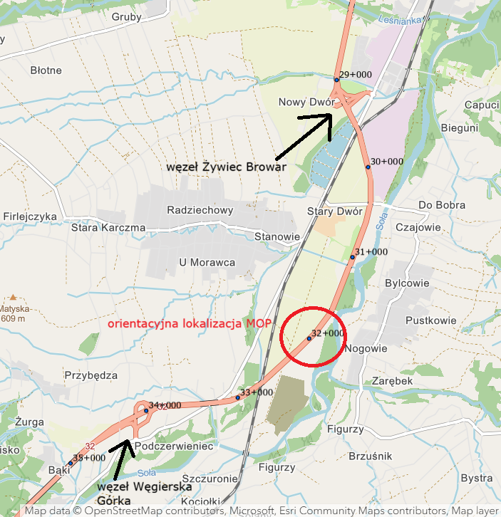 Orientacyjna lokalizacja planowanych MOP na odcinku S1 Bielsko-Biała - Przybędza