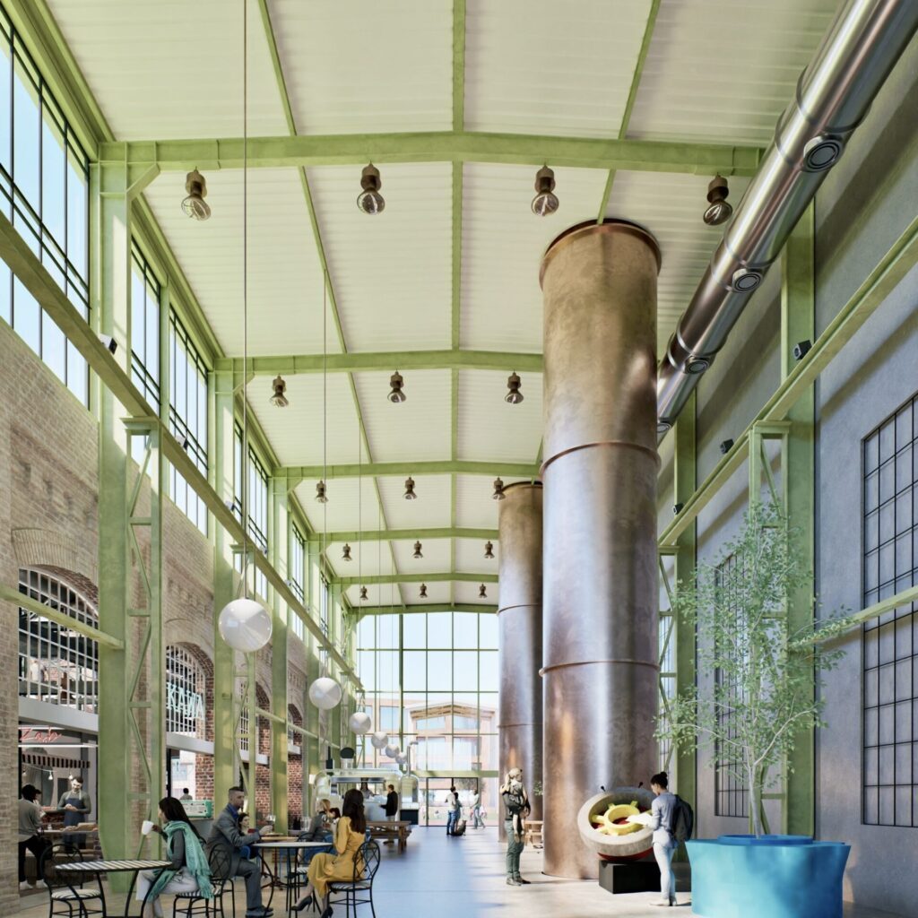 widok wnętrza pasażu handlowo-usługowego z wystawą historyczną