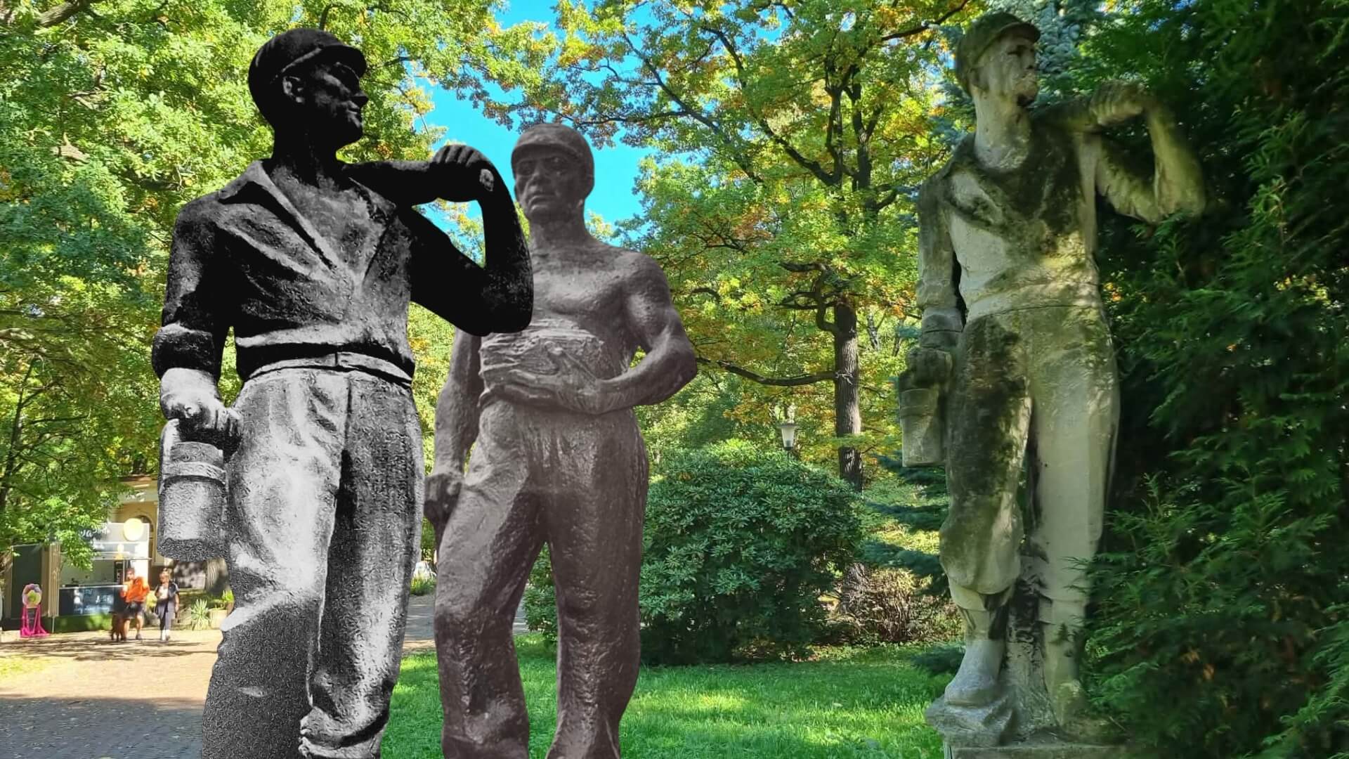 „Górnik” przed laty (z lewej) i jego poprzednik, po prawej rzeźba w 2026 r.