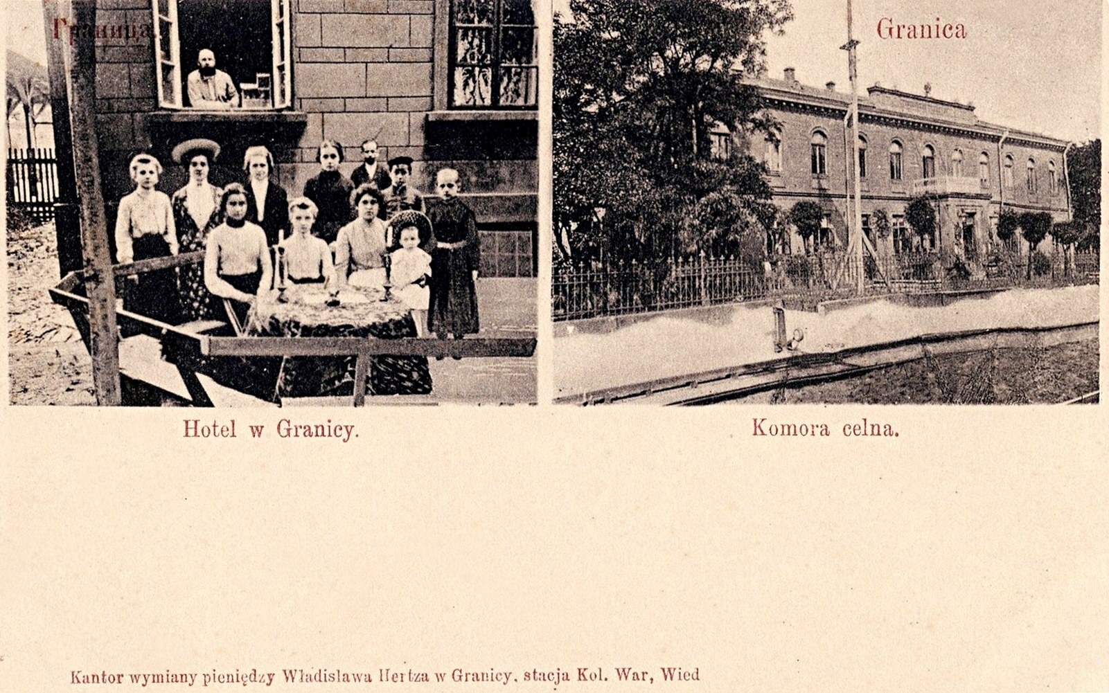 Granica (obecnie Sosnowiec, Maczki). Personel hotelu (z lewej) i komora celna (z prawej). Około roku 1905.