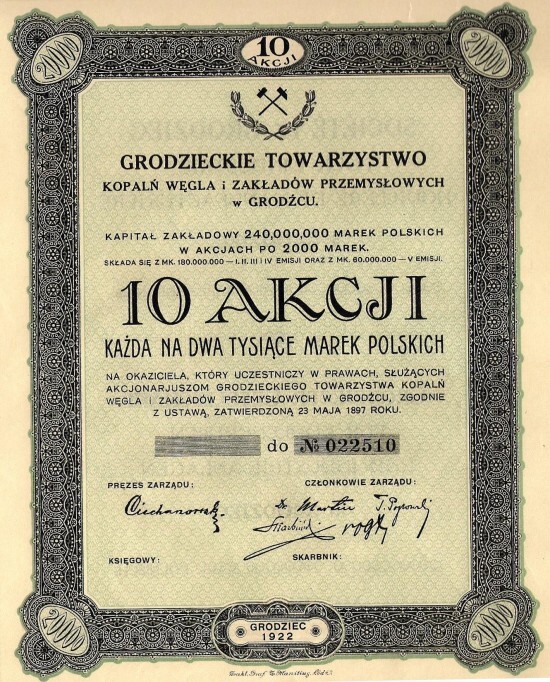 „Grodzieckie Towarzystwo Kopalń Węgla i Zakładów Przemysłowych” Spółka Akcyjna w Grodźcu. Akcje z 1922 roku.