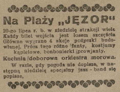 Jęzor. Plaża i konkursy. Reklama. Rok 1930.