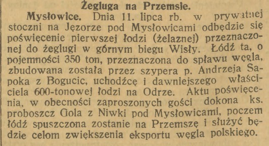 Jęzor. Prywatna stocznia i żegluga na Przemsie. Notka prasowa.