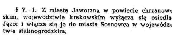Jęzor. Wyłączenie z Jaworzna i włączenie do Sosnowca. Rozporządzenie. 12 września 1953.