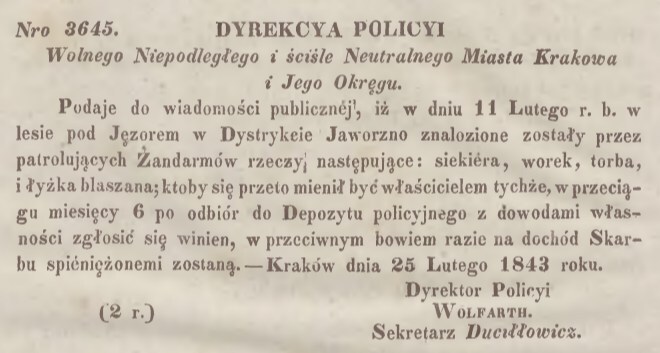 Jęzor. Ogłoszenie Dyrekcji Policyi Wolnego, Niepodległego i Ściśle Neutralnego Miasta Krakowa i Jego Okręgu. Zguba. 25 lutego 1843.
