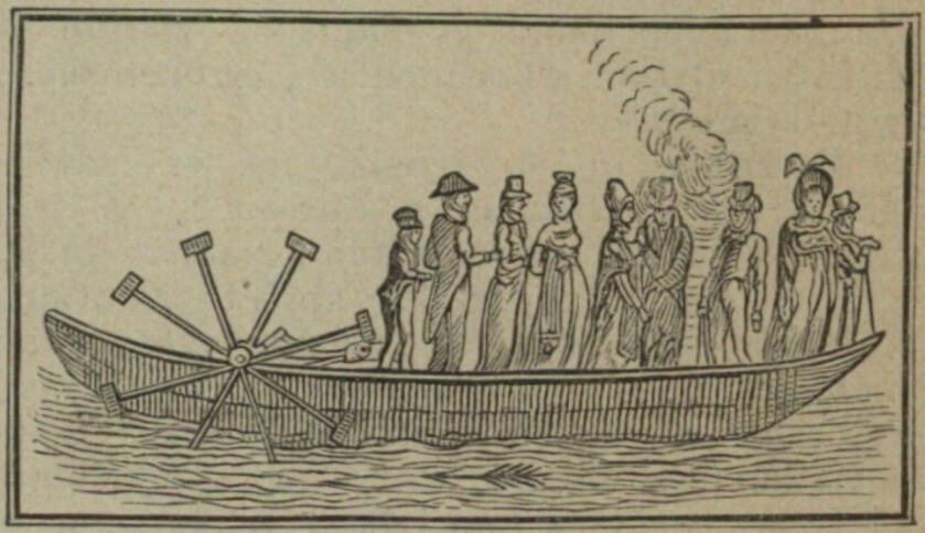 Józef Bożek. Łódź z napędem parowym jego konstrukcji. Rycina