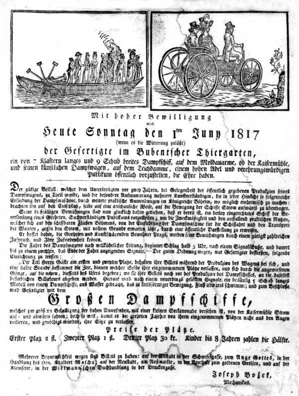 Józef Bożek. Zaproszenie na targi i pokaz łodzi oraz pojazdu parowego. Rok 1817