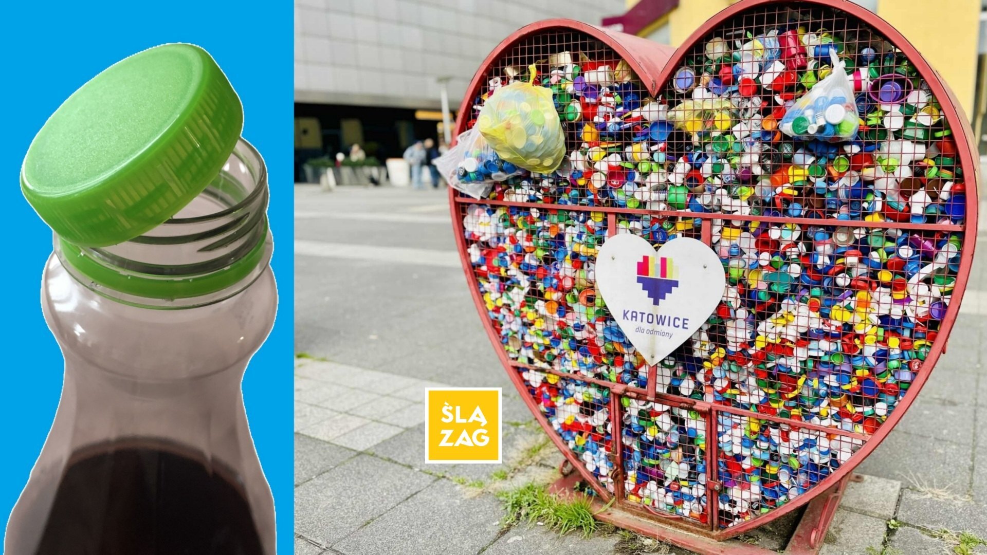 Katowice. Plac Wilhelma Szewczyka. Kosz na zakrętki. 17 listopada 2025 / Butelka z zakrętką. 3 grudnia 2025.