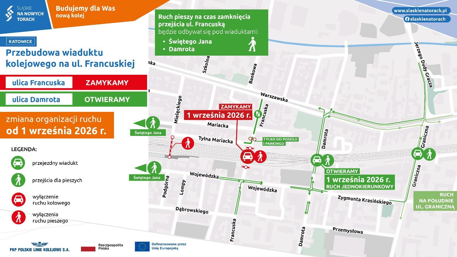 Katowice. Zamknięcie wiaduktu nad ulicą Francuską i tymczasowe otwarcie wiaduktu nad ulicą Konstantego Damrota. 1 września 2026