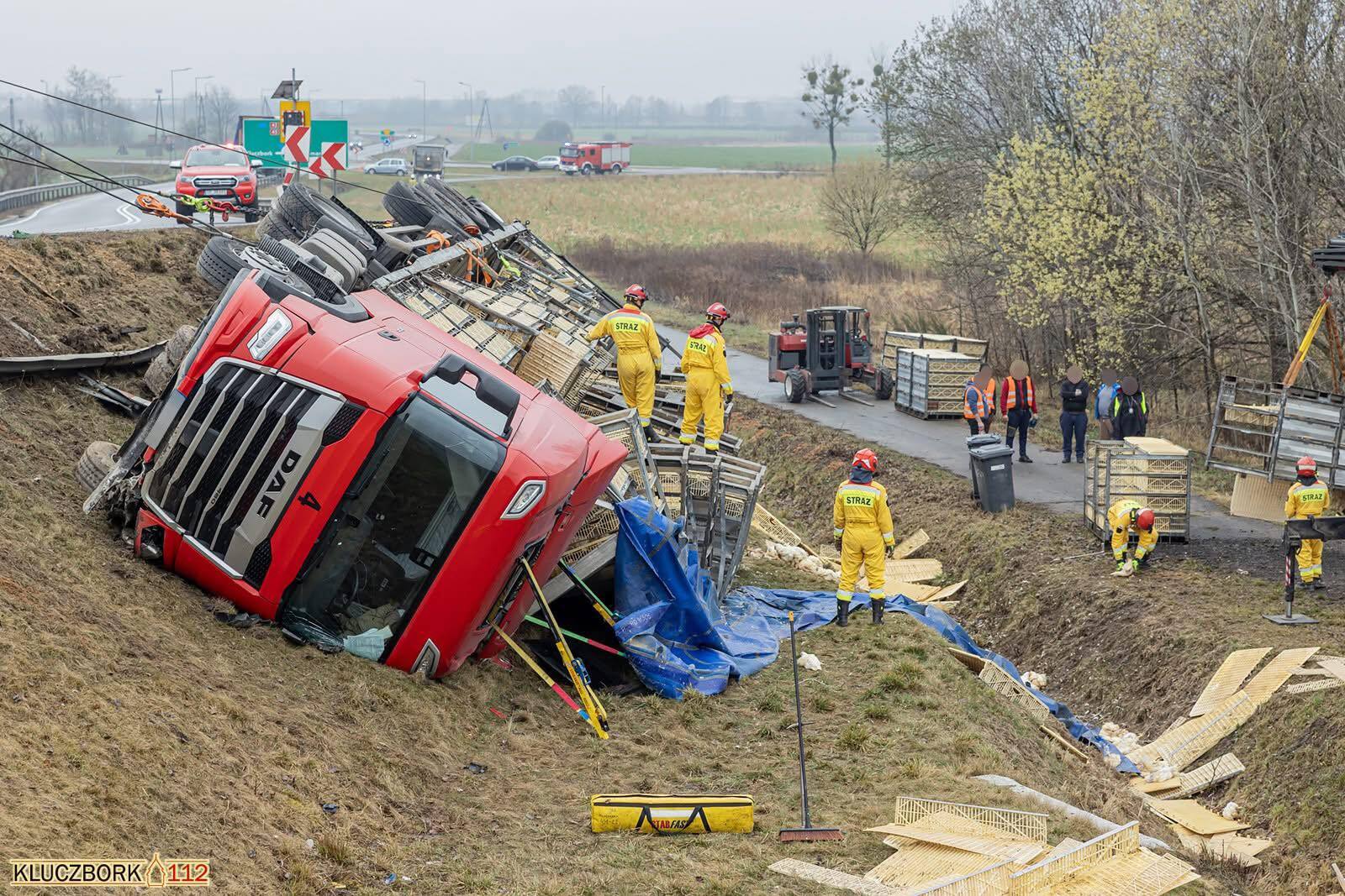 Kluczbork, DK45. Wypadek transportu kurczaków. 24 marca 2025.