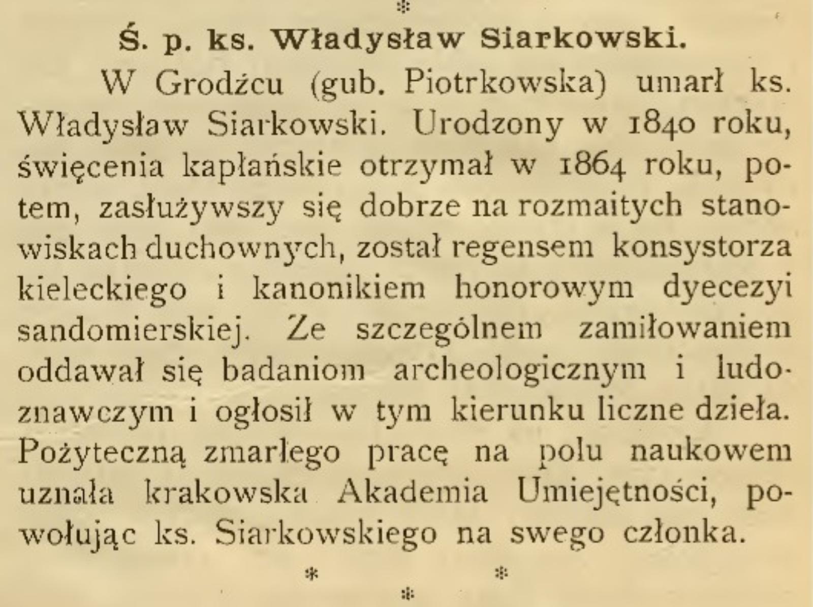 Informacja w wydaniu tygodnika „Kronika Rodzinna” z 1902 r. o śmierci duchownego-etnografa (Źródło: Śląska Biblioteka Cyfrowa)