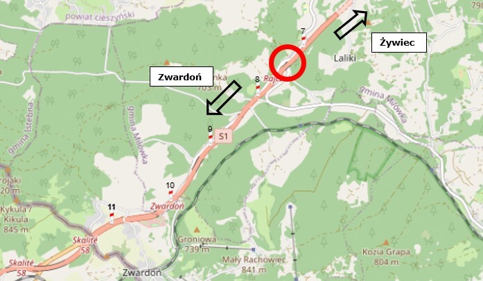 Laliki. Węzeł Rajcza drogi ekspresowej S1. Mapa
