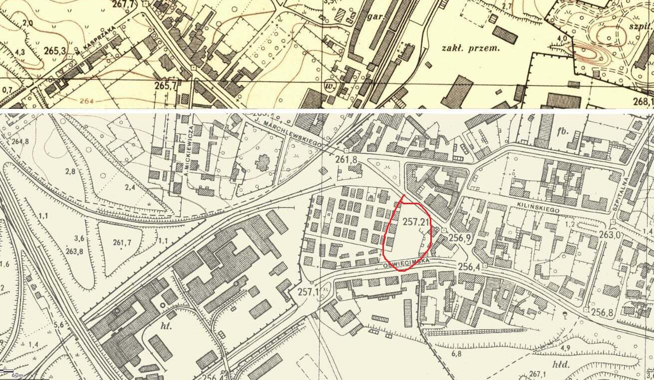 Teren targowiska przy kolonii Paweł. Mapa z lat 60. XX wieku