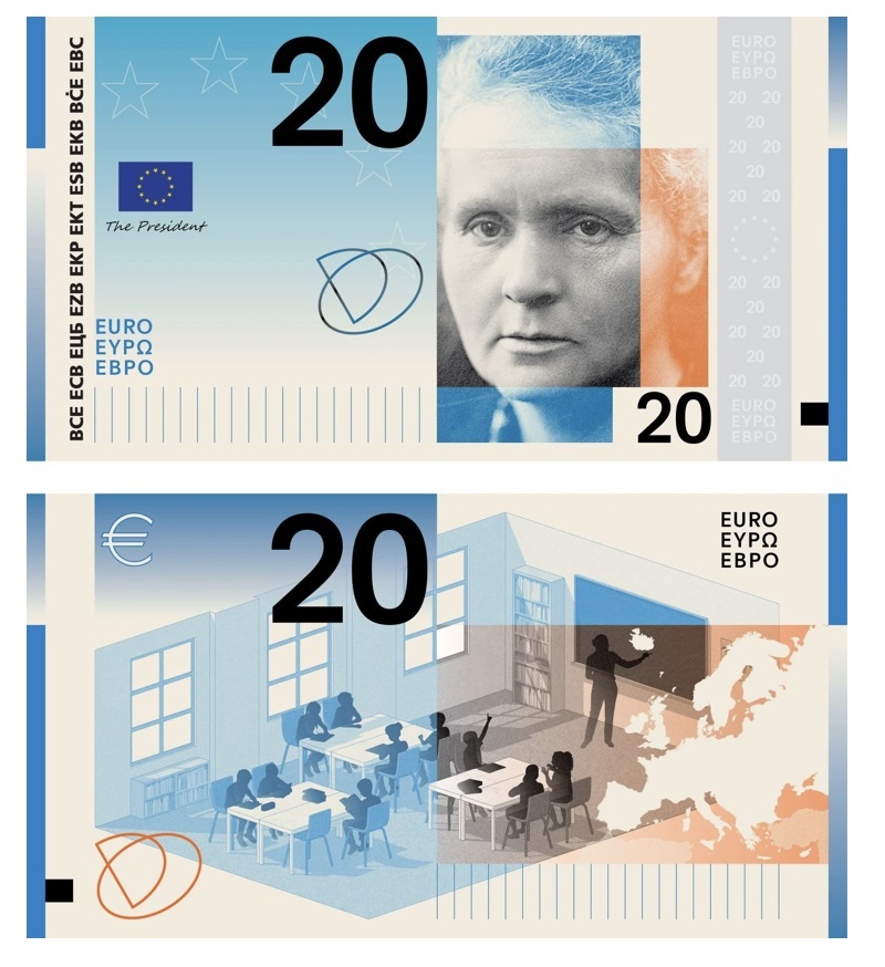 Maria Curie Skłodowska na projekcie banknotu 20 Euro projekt A Studio Joost Grootens