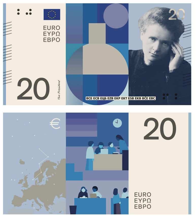 Maria Curie Skłodwska na projekcie banknotu 20 Euro projekt C Neue Gestaltung Gmb H