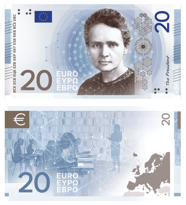 Maria Curie Skłodwska na projekcie banknotu 20 Euro projekt E Myrsini Vardopoulou