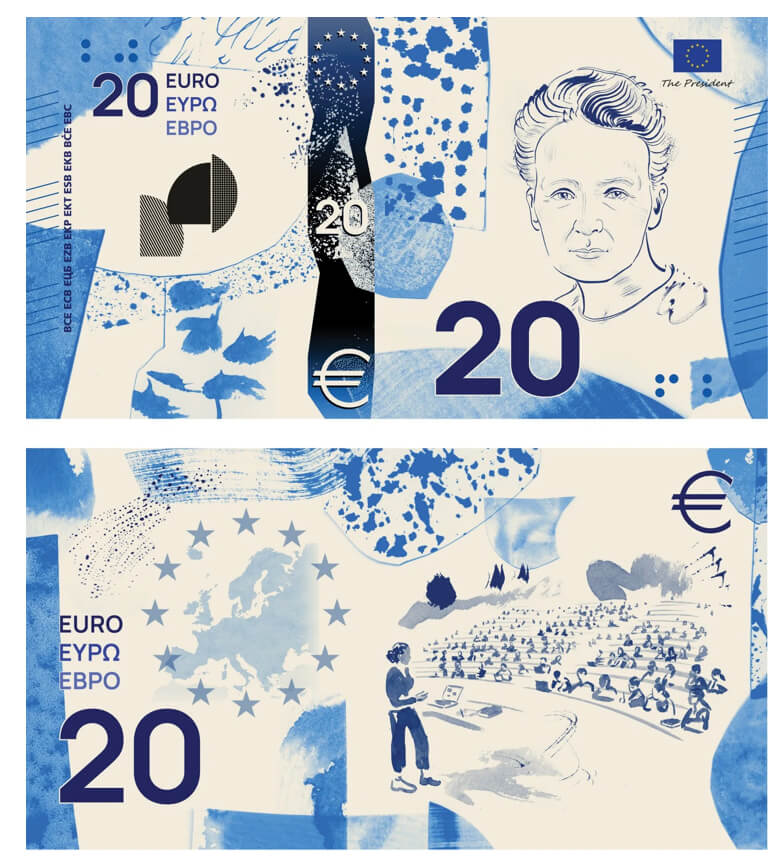 Maria Curie Skłodwska na projekcie banknotu 20 Euro projekt F Jan Robert Dünnweller