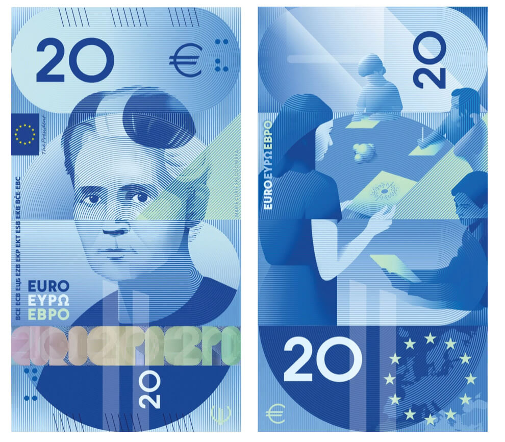 Maria Curie Skłodwska na projekcie banknotu 20 Euro projekt G Rubio del Amo and Cruz más Cruz Chemia