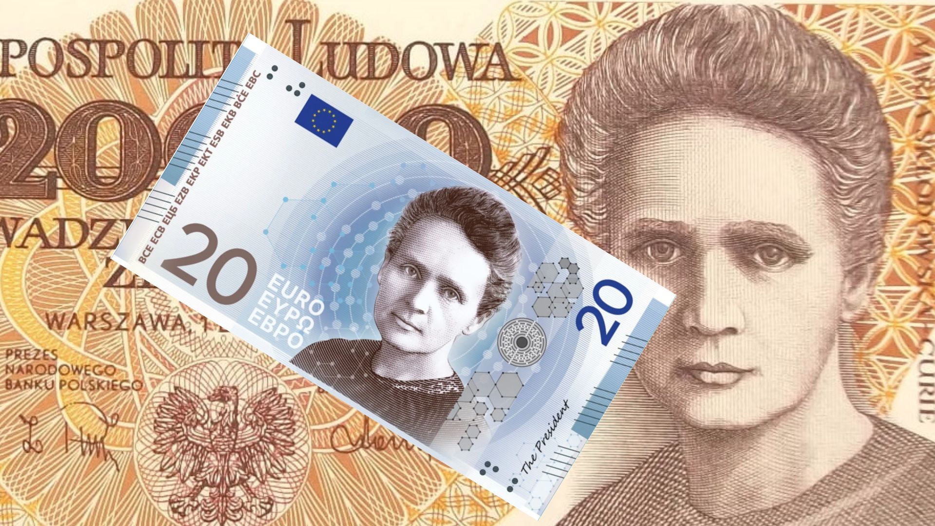 Maria Curie-Skłodowska na banknotach (collage)