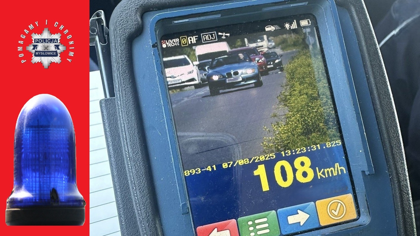 Mysłowice. Zdjęcie z fotoradaru przy ulicy Obrzeżnej Północnej; BMW z Sosnowca przekracza ograniczenie prędkości o 58 km/h. 7 sierpnia 2025.