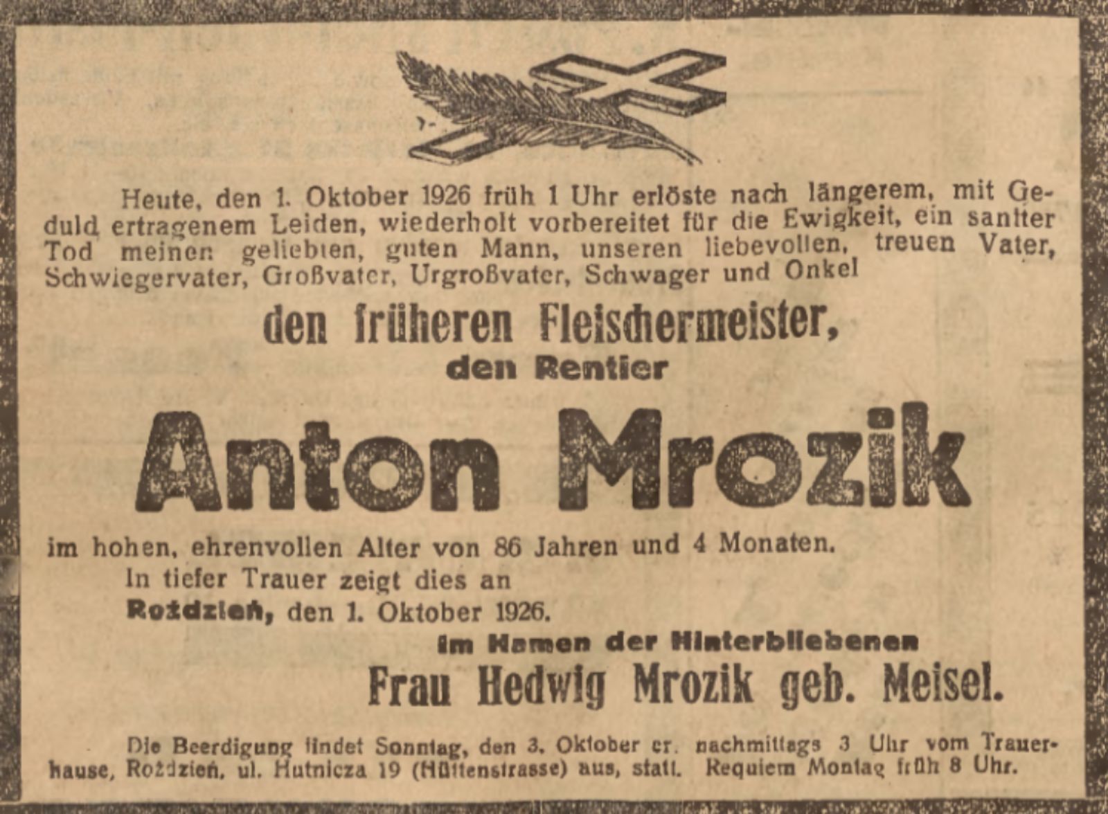 Nekrolog Antona Mrozika od żony
