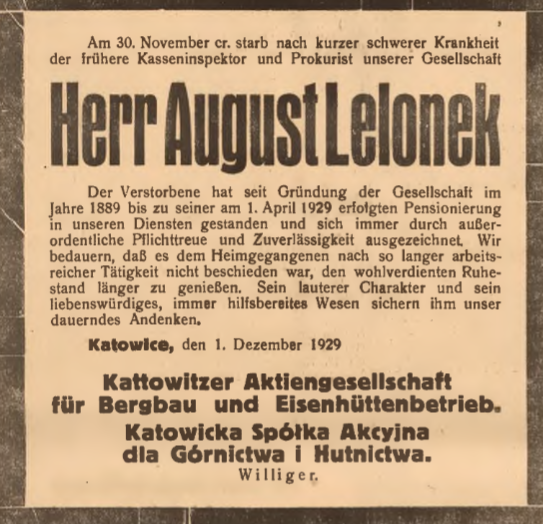 Nekrolog August Lelonek 1929