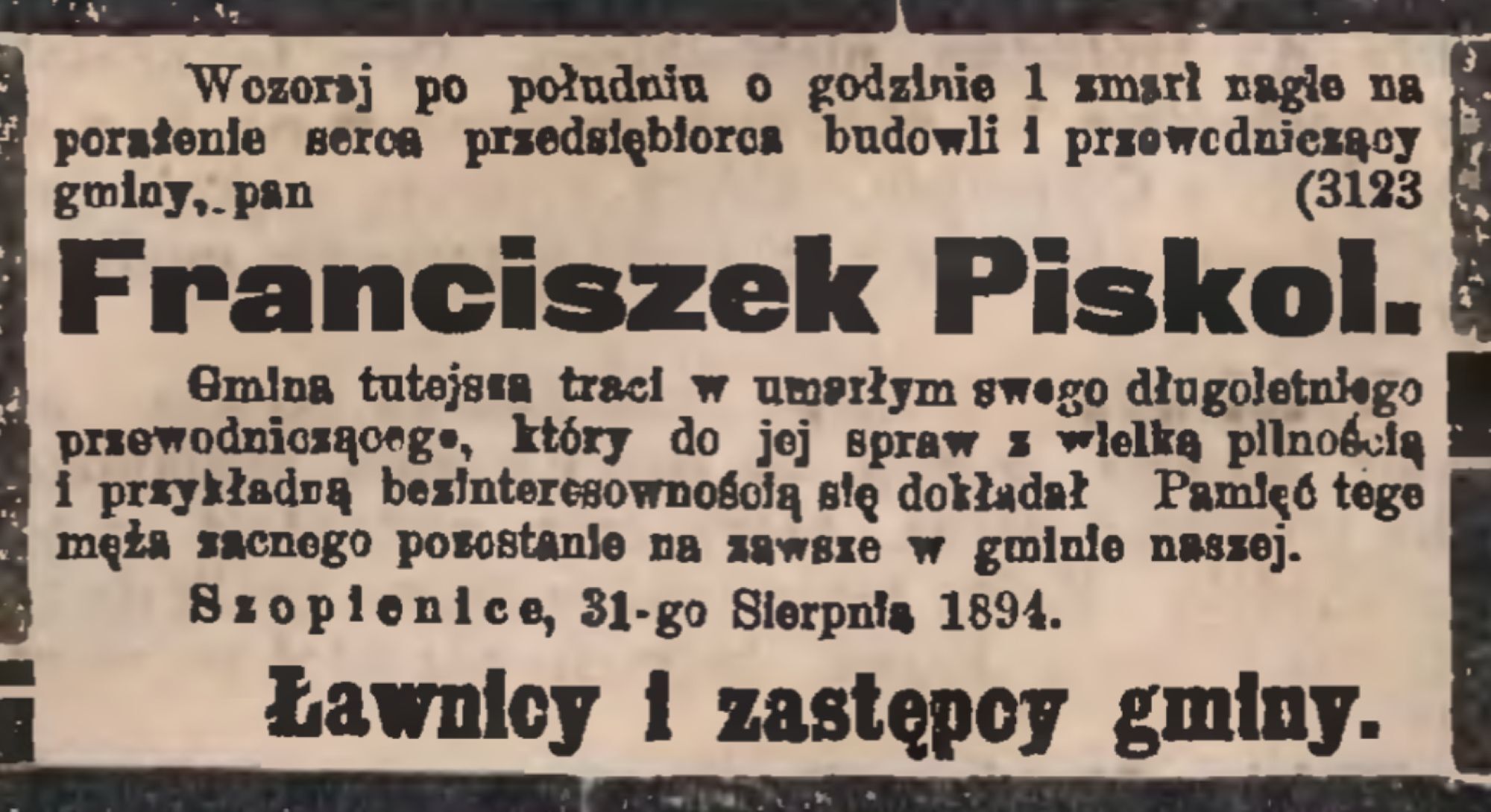 Nekrolog Piskola od współpracowników