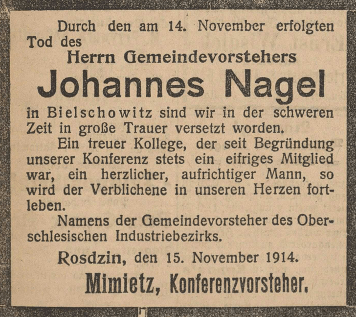 Nekrolog Johannes Nagel naczelnik gminy Bielszowice 1914