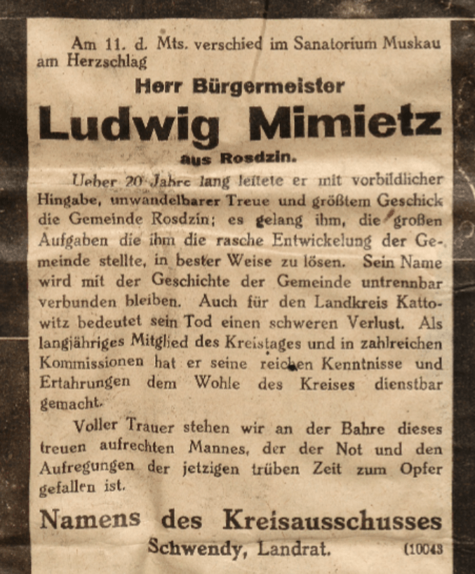 Nekrolog Ludwig Mimietz starosta Schwendy 1921