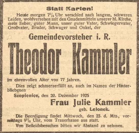 Nekrolog Theodor Kammler 1925 żona