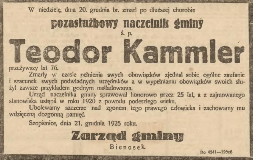 Nekrolog Theodor Kammler 1925 gmina Szopienice
