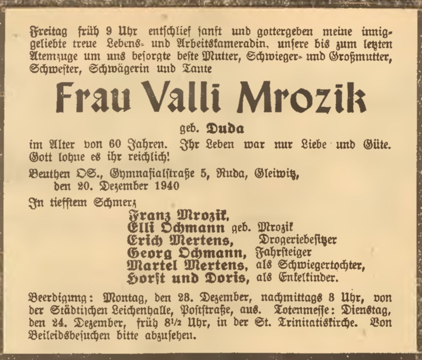 Nekrolog Valeski Mrozik, z domu Duda