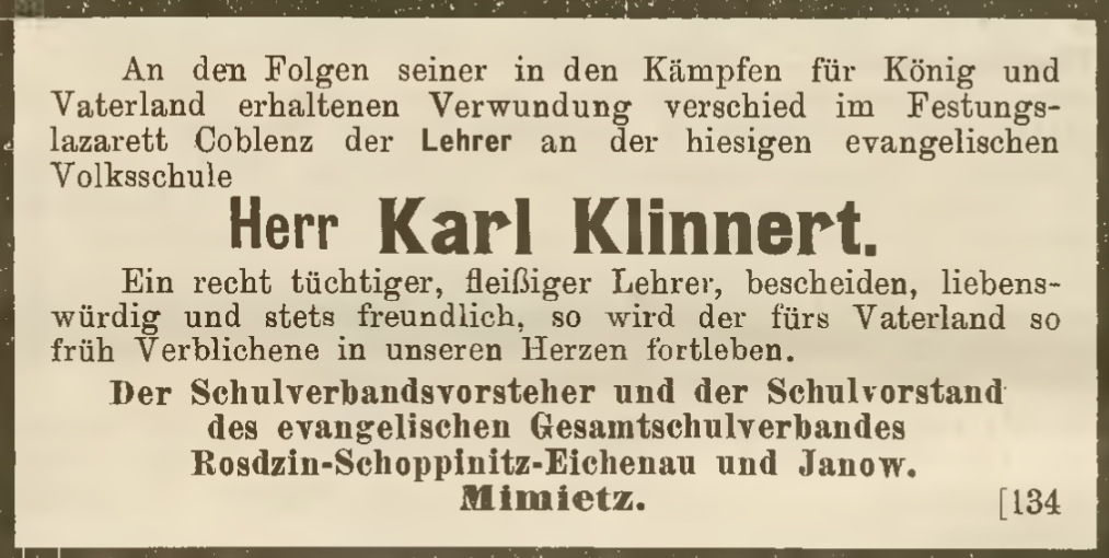 Nekrolog nauczyciela szkoły ewangelickiej w Roździeniu Karla Klinnerta 1915