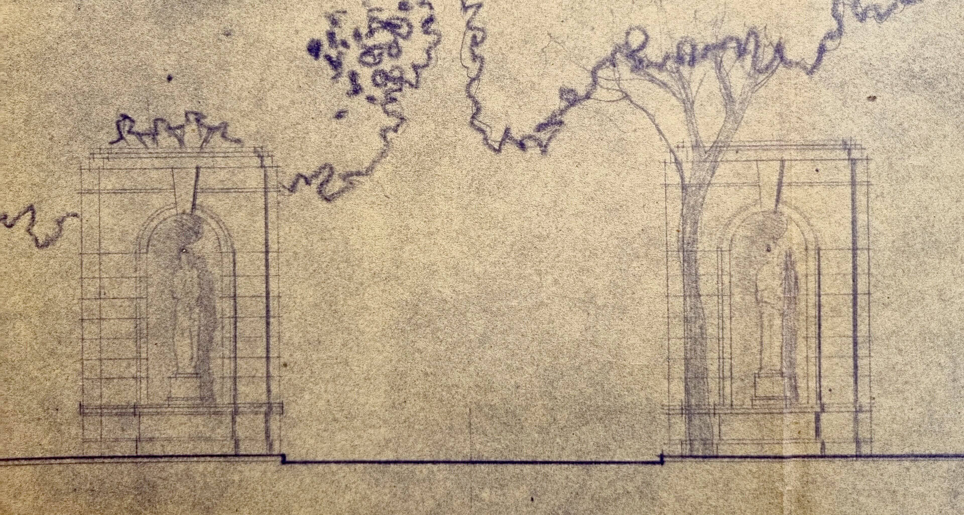 Fragment pierwotnego projektu z 1952 roku. We wnękach w pylonach miały stanąć posągi górnika i hutnika