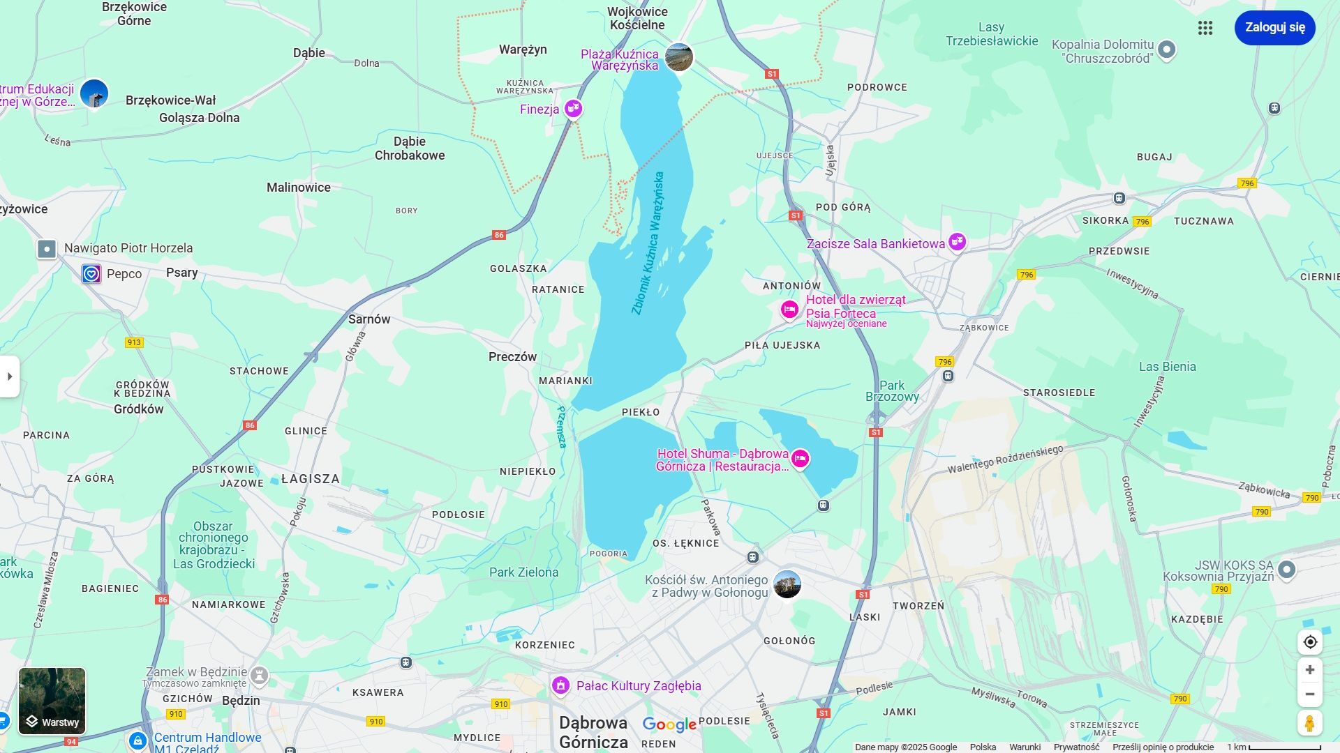 Dąbrowa Górnicza i Gmina Siewierz. Zbiorniki wodne Pogoria. Mapa.