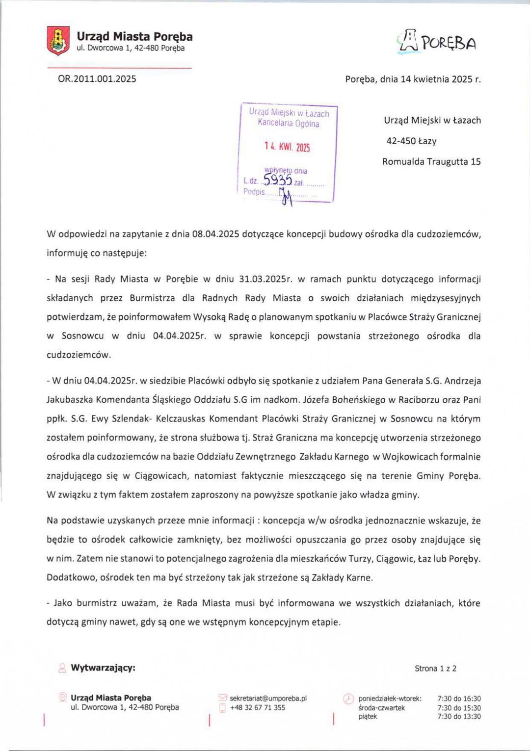 Ośrodek dla cudzoziemców w Porębie. List Burmistrza Miasta Poręba do Urzędu Miasta Łazy. 14 kwietnia 2025.
