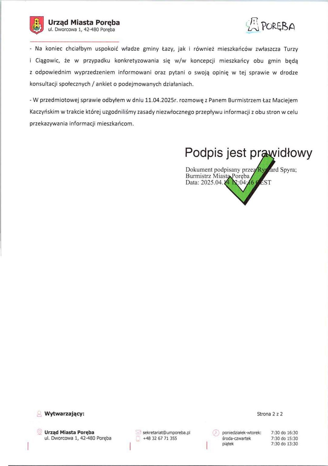 Ośrodek dla cudzoziemców w Porębie. List Burmistrza Miasta Poręba do Urzędu Miasta Łazy. 14 kwietnia 2025.
