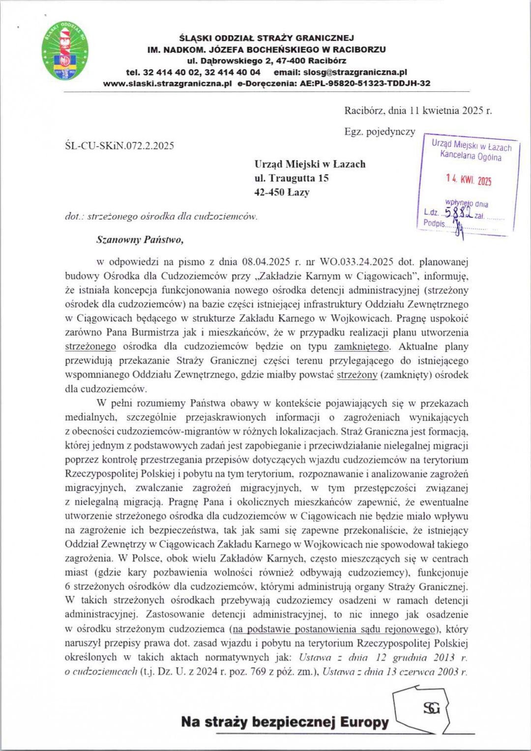 Ośrodek dla cudzoziemców w Porębie. List Śląskiego Oddziału Straży Granicznej do Urzędu Miasta Łazy. 14 kwietnia 2025.