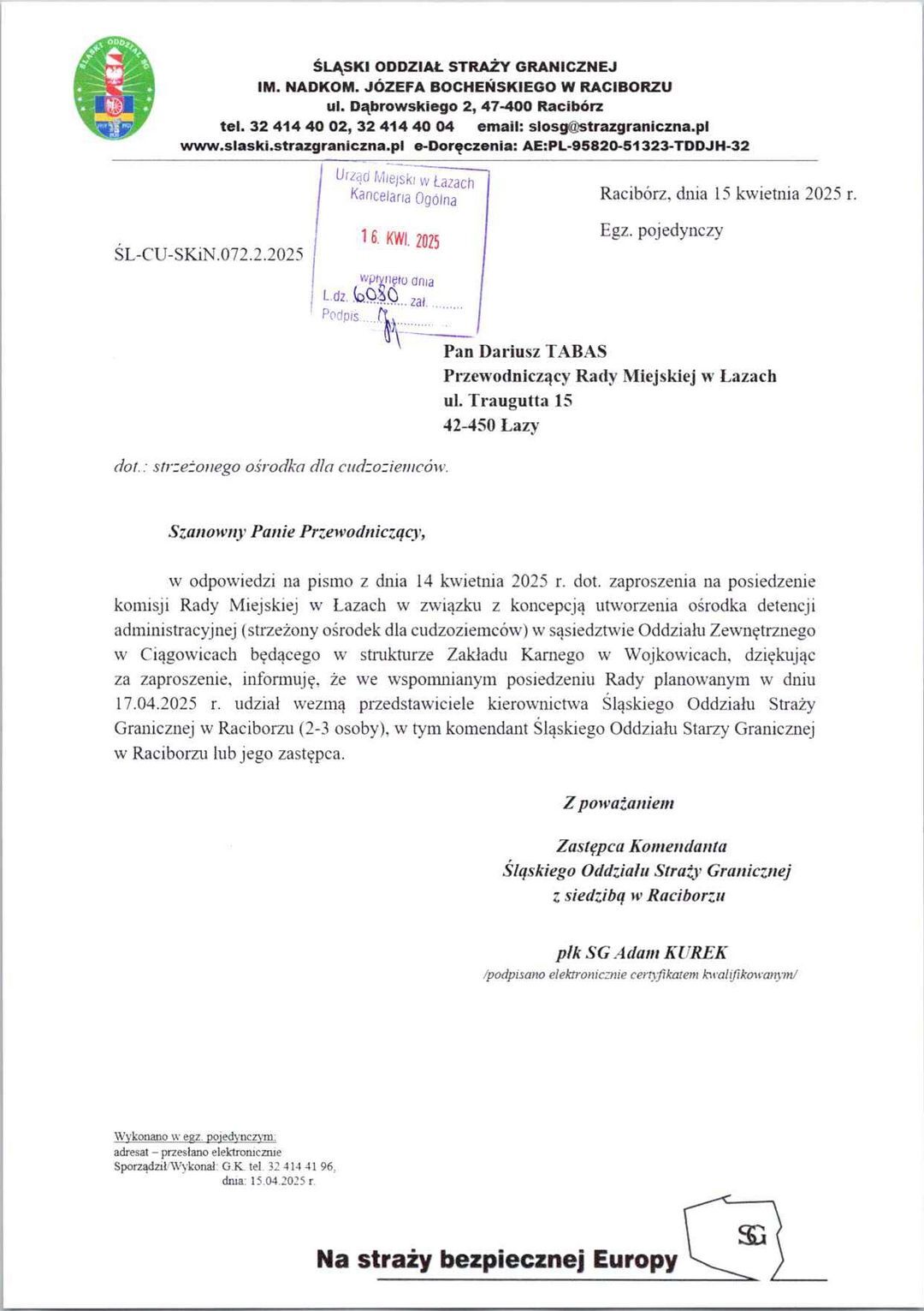 Poreba Osrodek Dla Cudzoziemcow List SG Do UM Lazy UM Lazy 2025 04 15 01