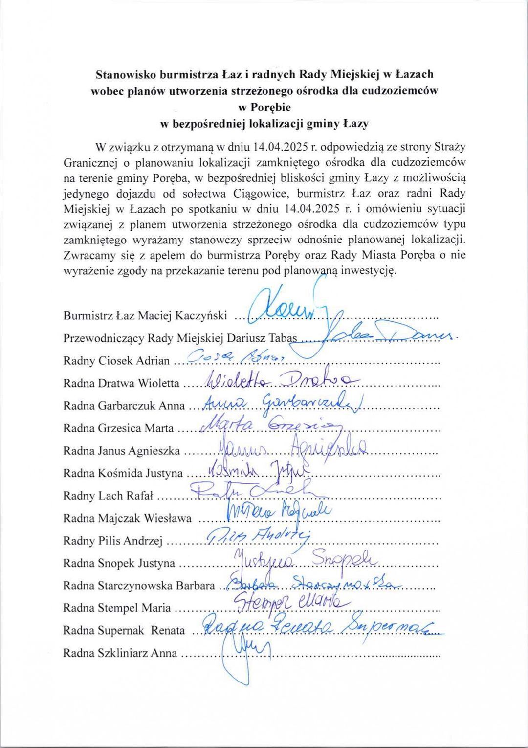 Stanowisko Rady Miasta (Gminy) Łazy oraz Burmistrza Miasta Łazy w sprawie budowy ośrodka dla cudzoziemców w Porębie. 14 kwietnia 2025.