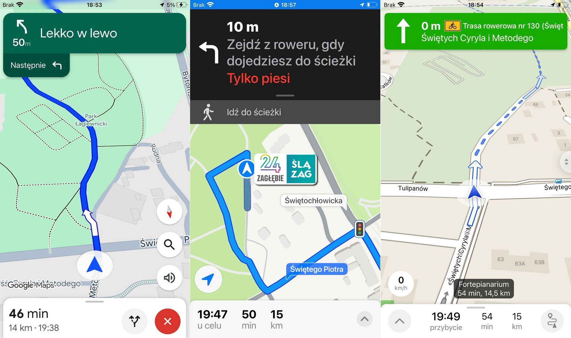 Test aplikacji do nawigacji (opcja „rower”): Google Maps, Apple Maps, Mapy.cz. Trasa Sosnowiec-centrum – Zabrze-Biskupice, «Fortepianarium». Bytom-Łagiewniki, ulica Św. Św. Cyryla i Metodego, remontowany fragment. 9 sierpnia 2025.