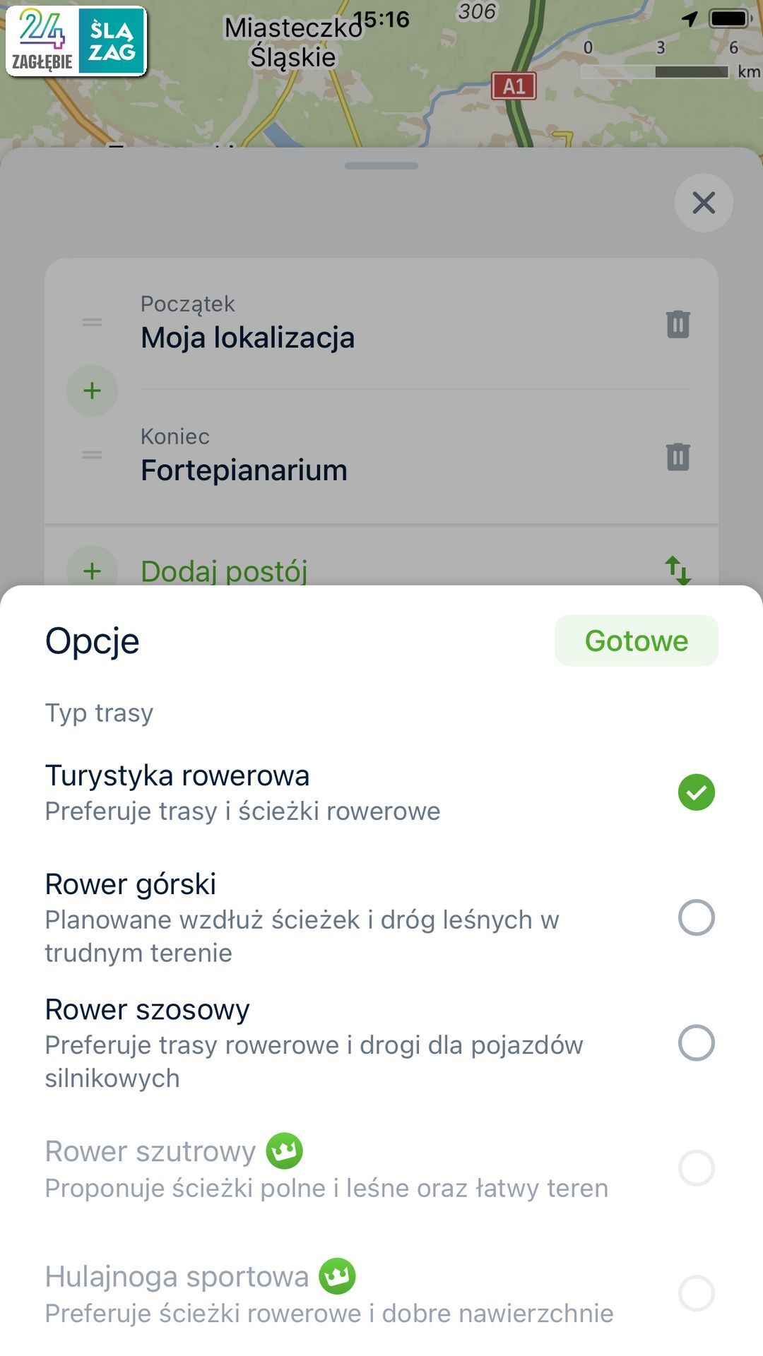 Test aplikacji do nawigacji Mapy.cz (opcja „rower”). Trasa Sosnowiec-centrum – Zabrze-Biskupice, «Fortepianarium». 9 sierpnia 2025.