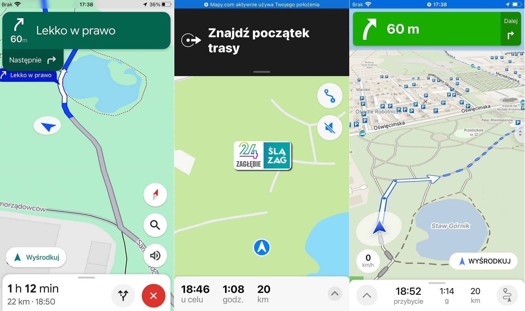 Test aplikacji do nawigacji (opcja „rower”): Google Maps, Apple Maps, Mapy.cz. Trasa Sosnowiec-centrum – Zabrze-Biskupice, «Fortepianarium». Siemianowice Śląskie, park Górnik. 9 sierpnia 2025.