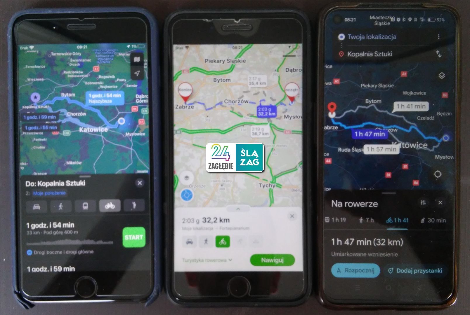 Trzy telefony z uruchomionymi aplikacjami do nawigacji (opcja „rower”): Google Maps, Apple Maps, Mapy.cz. Trasa Sosnowiec-centrum – Zabrze-Biskupice, «Fortepianarium». 9 sierpnia 2025.