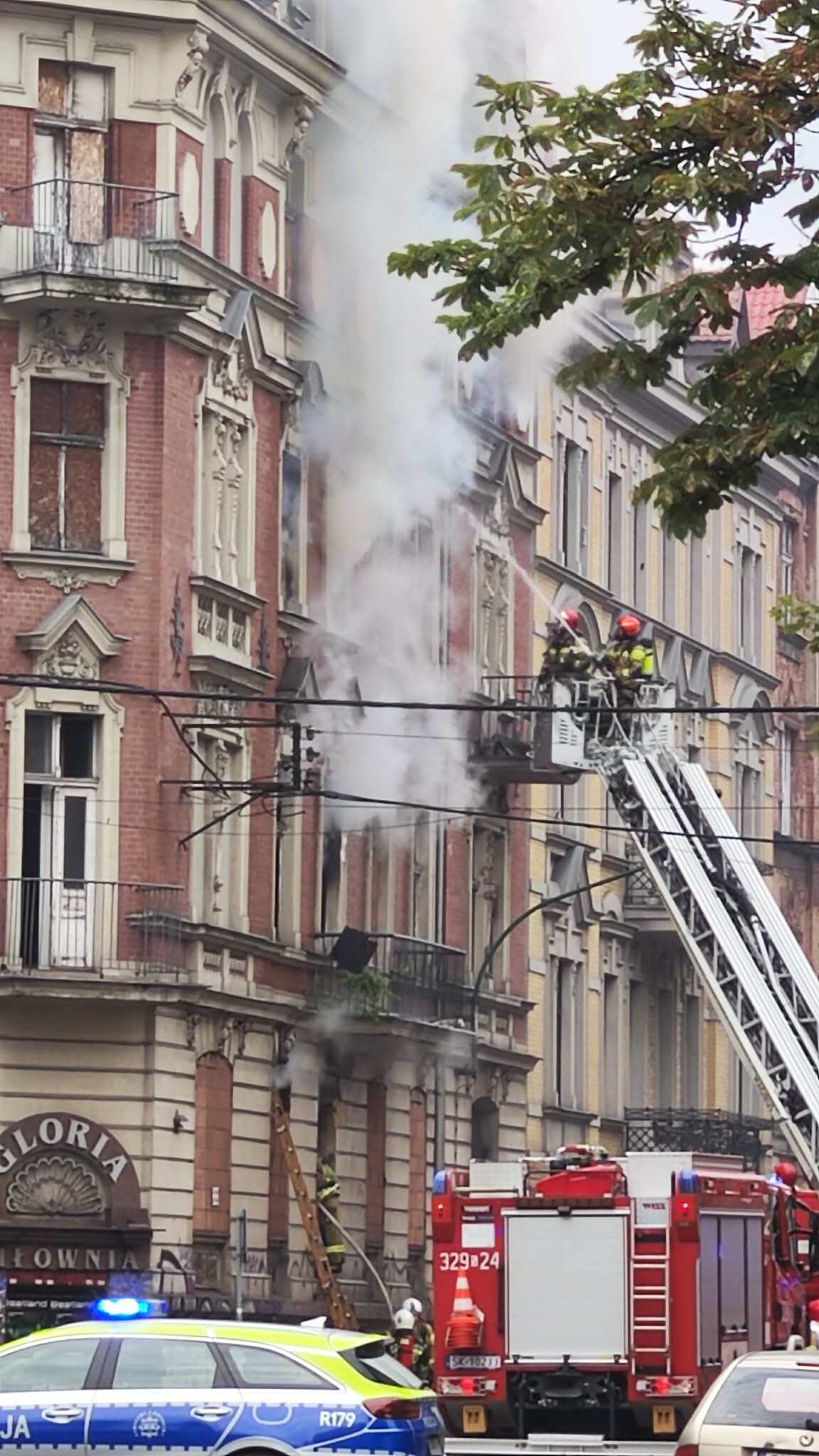 Pożar kamienicy na rogu ul. Chopina i Sokolskiej w Katowicach