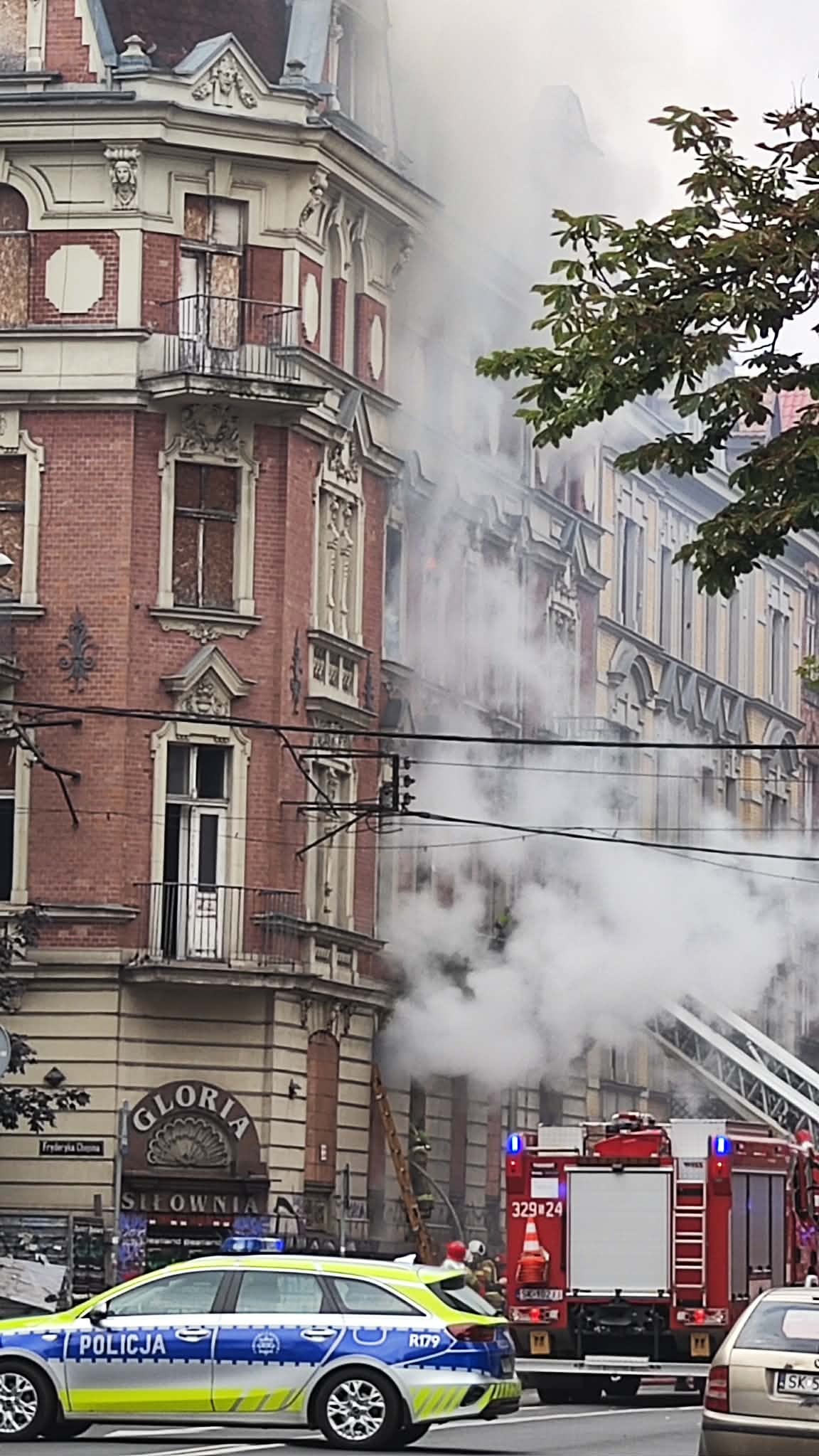 Pożar kamienicy na rogu ul. Chopina i Sokolskiej w Katowicach