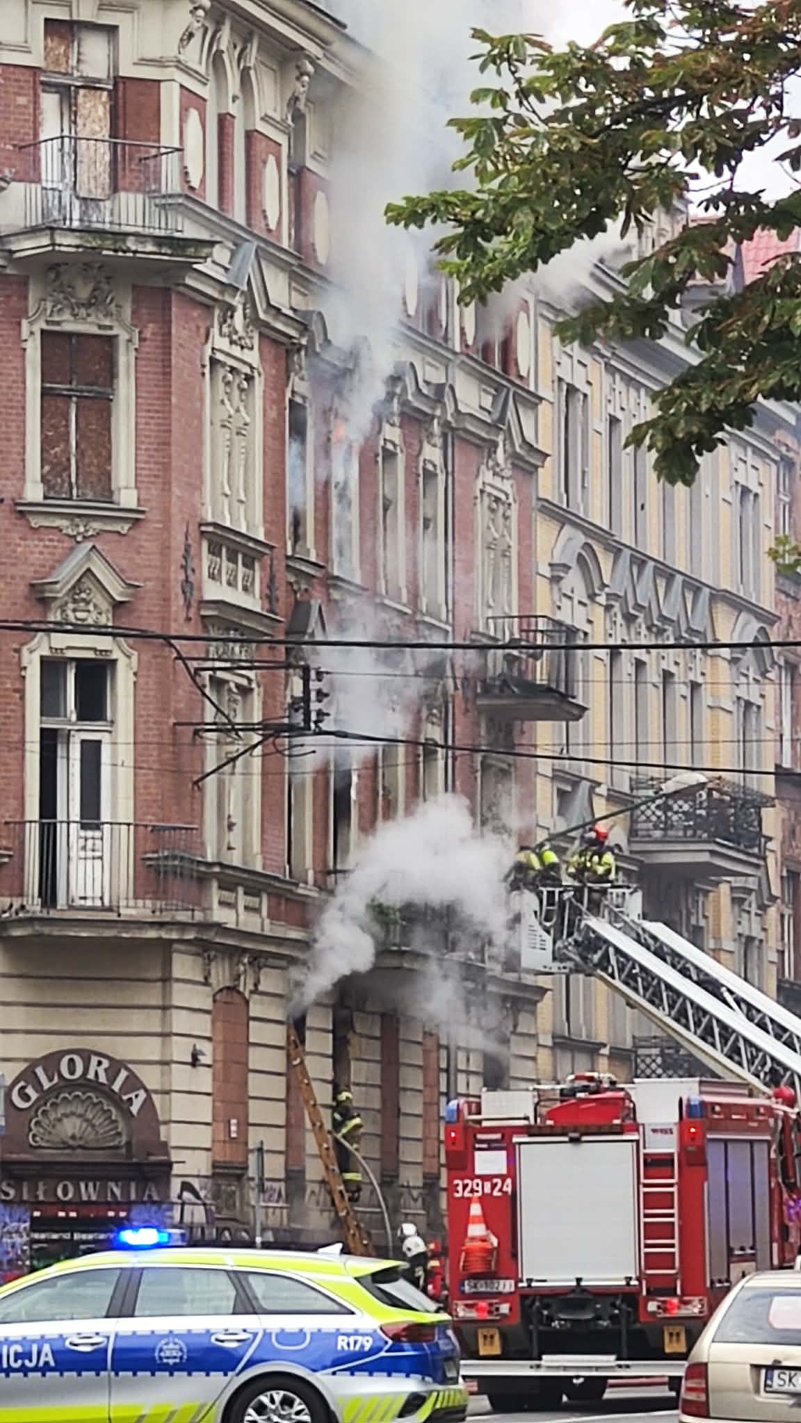 Pożar kamienicy na rogu ul. Chopina i Sokolskiej w Katowicach