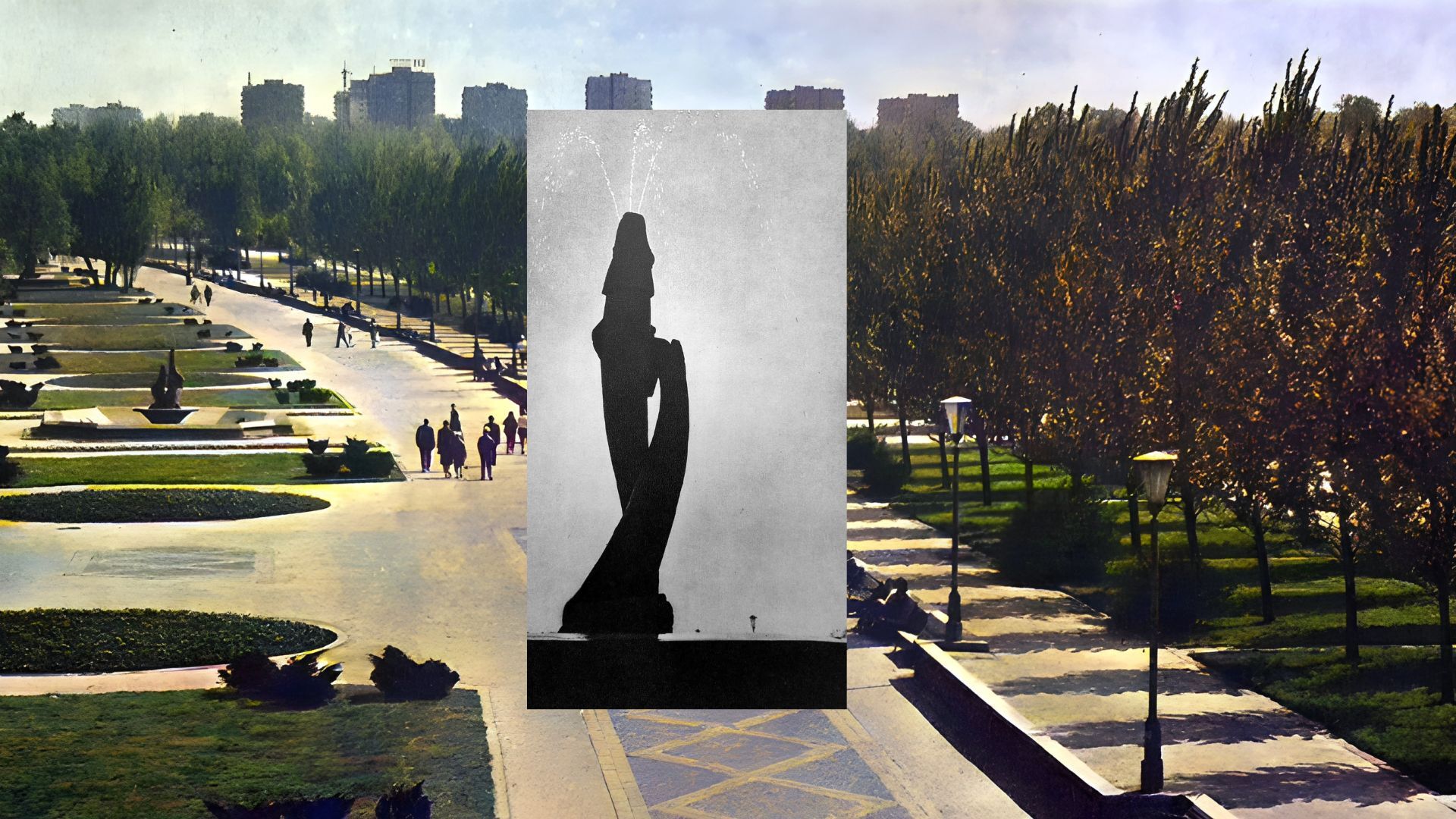 Promenada im. Generała Jerzego Ziętka, w powiekszeniu stojące dalej fontanna z Rybami