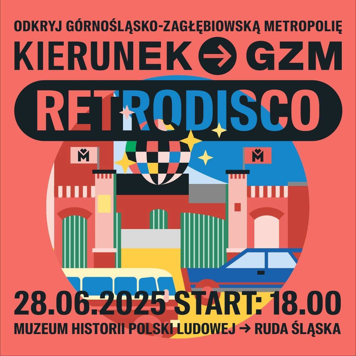 Muzeum Historii Polski Ludowej w Rudzie Śląskiej. «RetroDisco» w ramach cyklu «Kierunek GZM» – plakat. 28 czerwca 2025.